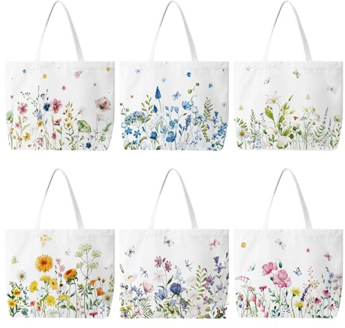 Bencailor 6 Pcs Spring Floral Canvas Tote Bags Bulk Flower Tote Gift Bags Reusable Aesthetic Wildflowers Shopping Grocery Handbags for Women Spring Gifts