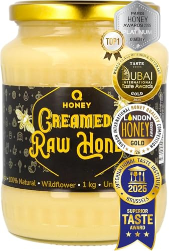 Q Honey Miel Cremosa de Mil Flores 1 kg – Cruda, Suave y Untable | Premiada: Superior Taste Bruselas, Paris Gold 2026. Miel cremosa monorigen de Lituania, cruda, sin aditivos.
