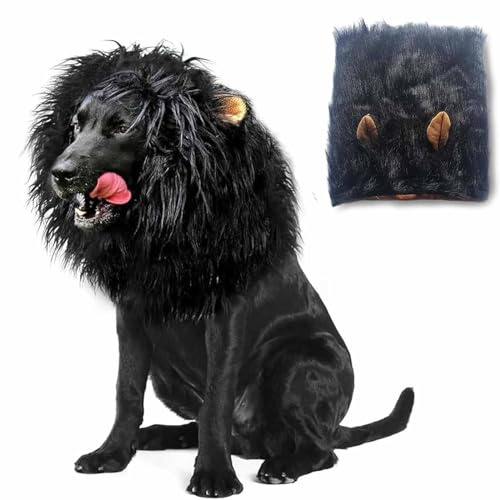 Qiqumax Lion Mane for Dog, Löwe Mähne Für Hund, Verstellbar Hundekostüm Löwenmähne Mit Ohren, Lustige Hunde Perücke Für Hundekostüm, Löwe Mähne Haustierkostüme Für Hund Und Katze (Schwarz,37CM)