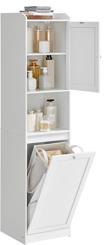VASAGLE Tall Storage Cabinet, Storage Unit with Removable Laundry Basket, Compartment and Cabinet, for Bathroom, Living Room, 15.8 x 15.8 x 66.9 Inches, Cloud White UBBC761W01