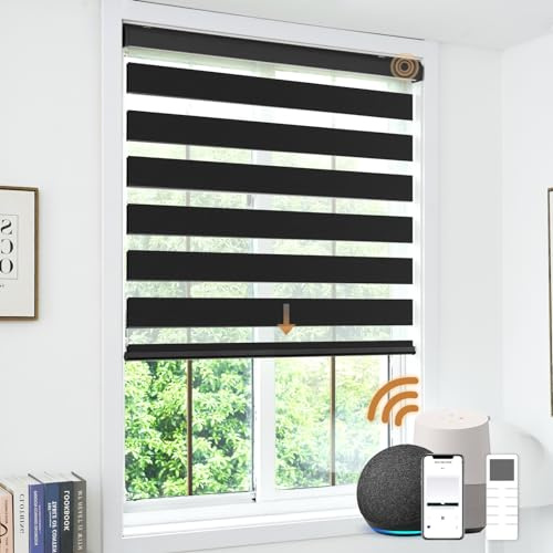 JOYENG Motorized Zebra Blinds, Cordless Blackout Window Shades with Remote, Custom Dual Layer Smart Roller Shades with Alexa Google Assistant, Automatic Light Filtering Blinds,Luxury Black