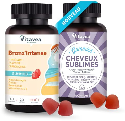 Vitavea Bien-être - Gummies Bronzage & Cheveux Sublimes - Lot de 2 | Double Action : Teint Hâlé & Cheveux Normaux - Kératine Zinc Cuivre Vitamines C & E - Vegan - Fabriqué en France