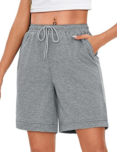 Uniexcosm Bermudashorts för kvinnor, sommar, korta sportshorts, dam, hög midja, shorts med fickor och dragsko, fritidsshorts för badsemester, löpning, gym, LJUSGRÅ, S