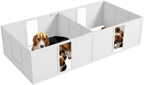 PawHut Wurfkiste für Welpen Hundelaufstall mit Tür 196 x 96 x 48 cm Weiß | Welpenauslauf mit Rutschfeste Bodenschoner, Hunde Wurfbox aus Holz, Welpenlaufstall für Mittelgroße Hunde