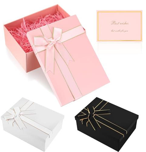 NVGVUP Geschenkbox mit Deckel, 29 x 21 x 10 cm Rosa Geschenkkarton Groß mit Schleifen Grußkarten Raffia, Faltbare Geschenkverpackung Box für Valentinstag, Geburtstag, Hochzeit, Weihnachten