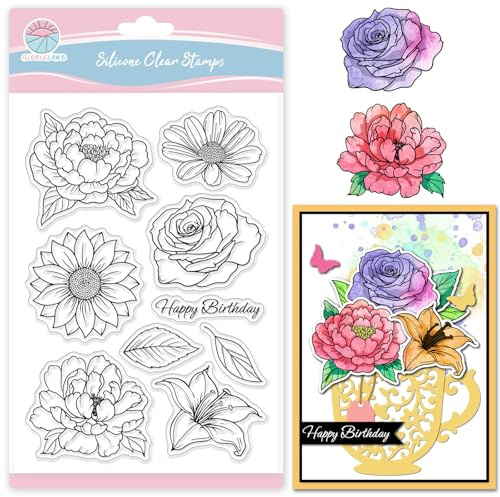 GLOBLELAND Transparente Stempel Mit Blumen Rosen Und Lilien Zum Gestalten von Karten Hibiskus Sonnenblume Gänseblümchen Blättern Klare Stamps Silikonstempel Für DIY Scrapbooking