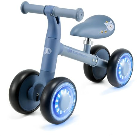 Kinderkraft Springcykel Cutie, inlärningscykel, barnbalanscykel utan pedaler, hjul med LED-lampor, modern design, säker konstruktion, för barn från 1 år, blå