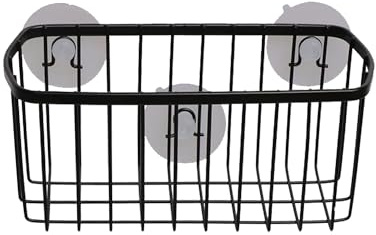 Bathroom Suction Cup Caddy Metal Basket Shower Organizer No-Drilling Storage Solution With Self-Draining Design for Bathroom & Kitchen (Black)