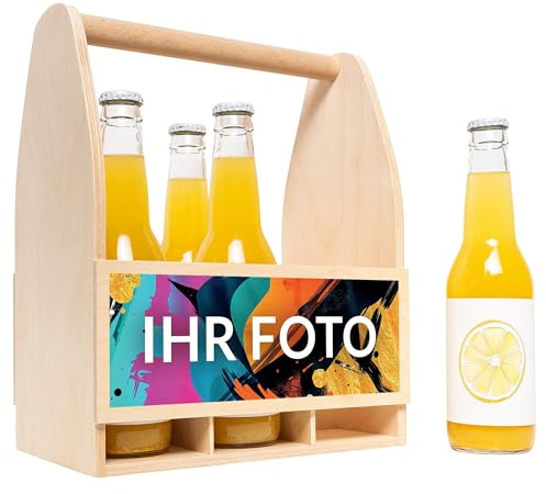 Creative Deco Flaschenträger Holz Personalisierte Geschenke Dein Foto | Fotogeschenke | Bierträger für 6 Bierflaschen Flaschenhalter Individuelles Geschenk Männerhandtasche Geschenkbox Männer