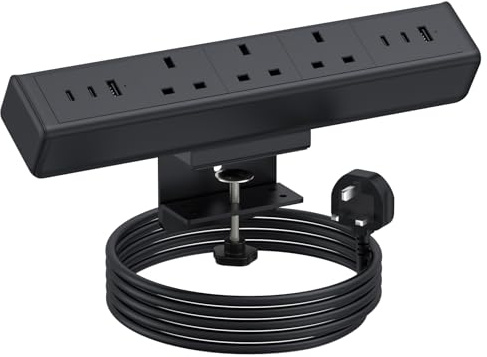 Desk Power Socket with USB C, Haiaoyyds Aluminium Alloy Desktop Power Strip with 3 UK Plugs, 6 USB Ports, and 1.8M Cable, Desk Extension Lead for Office Home(Black)