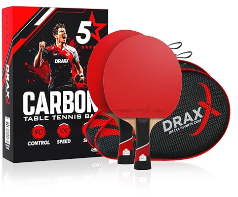 DRAXX Sports Tischtennisschläger Carbon | Professioneller Carbon-Schläger für unvergleichliche Kontrolle, Spin und Power, Ultraleicht, 2 mm Schwamm und Hochleistungsbelag