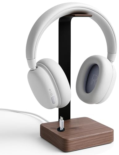 ONETAPZ.PRO Headset Halterung aus Nussbaumholz – Kopfhörer Halterung mit schwerem Stahlblech & Lederlook Auflage – Kopfhörer Halter Holz mit Kabeldurchführung Schreibtisch Zubehör & Kopfhörer Ständer
