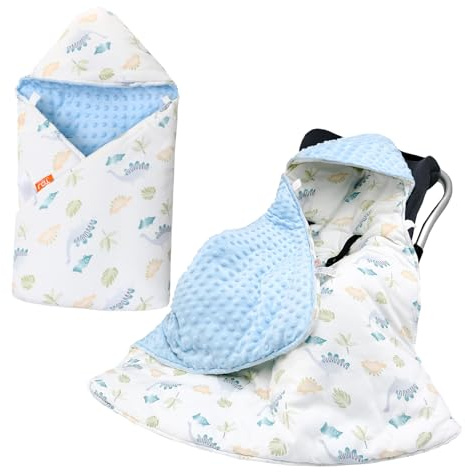 LAT Baby Einschlagdecke Babyschale - Decke Kinderwagen 90x90cm 100% Baumwolle Universal Babydecke Doppelseitig für Buggy Autositz (Winter, Blatt-Dinosaurier)