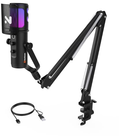 NearStream RGB USB Condenser Gaming Microphone for PC with Boom Arm (AM30U) | AI Noise Cancellation, 48kHz/24-Bit Audio, Headphone Monitoring, Mute and Gain Controls for Streaming and Podcasting