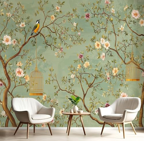 DLERFLOVR Papel Tapiz Estilo Rococó Fotográfico Flores Y Pájaros Vintage Fotomural Decoración De Pared Verde Claro Papel Pintado de Pared para Baño, Sala de Estar, Dormitorio, 250x175cm