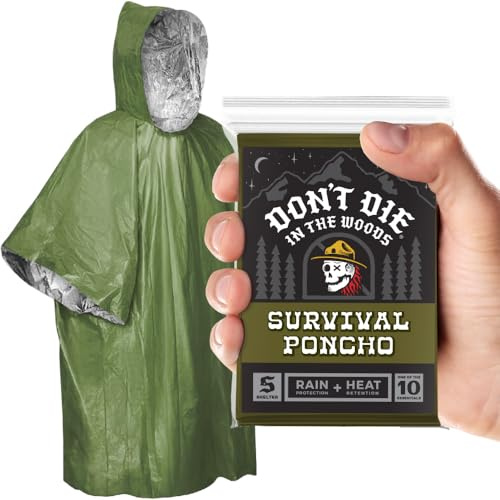 Don't Die In The Woods - Survival Poncho [1-Pack] - Rain Protection + Heat Retention - Wearable Emergency Space Blanket - Hiking Camping First Aid Outdoor Gear (Green)