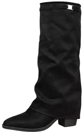 Bottes mi-mollet pour femmes en daim à boucle avec pointe pointue et talon confortable pour une tenue décontractée en extérieur, idéales pour l'automne et l'hiver, Noir , 39.5 EU