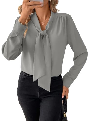 Astylish Womens Long Sleeve Dressy Casual Shirt Elegant Bow Tie Neck Office Work Blouse Tops Gray Large