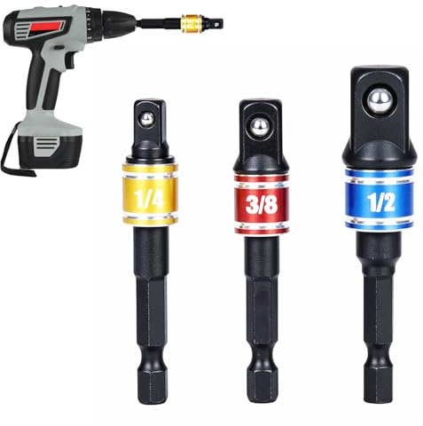Impact Socket Adapter Set, 3Pcs Drill to Socket Adapter 1/4 3/8 1/2 Hex Shank Extension Bar Power Nut Driver for Cordless Drill & Impact Wrench, DIY Car Repair Tools, Gifts for Men
