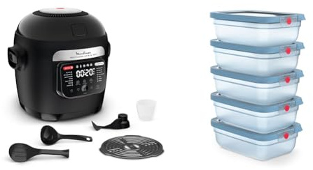 LOT Moulinex Multicook Stir&Fry, Multicuiseur et air fryer, Pale de mélange automatique, 14 programmes, MZ7408F0 + Emsa oneClick, Lot de 5 boîtes de conservation 1,2L, Fermeture en un clic, N1231200