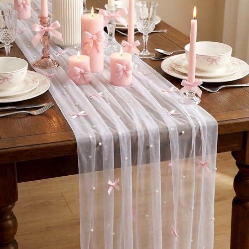 Lumina Garden Pearl Bow Table Runner 30 x 120 Inch Pink Tulle Lace Table Runner Coquette Boho Wedding Sweetheart Decoration for Wedding Arch Birthday Party Bridal Veil Baby Shower Decor