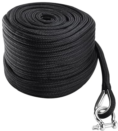 NovelBee 5/8 Inch x 150 Feet Boat Anchor Rope,Double Braid Nylon Anchor Line with Stainless Steel Thimble and Shackle,Heavy Duty Nylon Rope for Boat,Towing,Docking,Mooring (Black)
