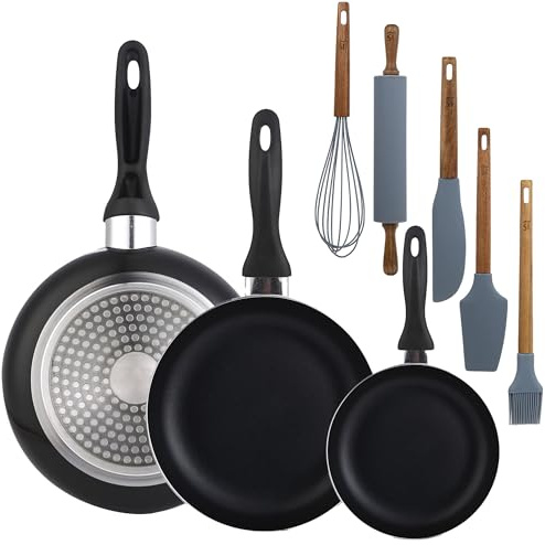 WELL HOME MOBILIARIO & DECORACIÓN Set 3 sartenes Wellhome 16/20/24 aluminio prensado+Set de 5 Utensilios de Cocina de Silicona y Madera de Acacia