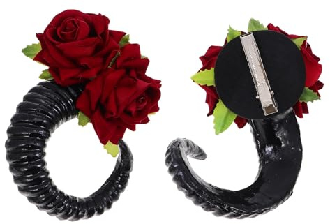 OSALADI Ram Horn Rose Hairband Pair Black Gothic Headband with Two Roses, Festival Hair Accessory for Cosplay, Photography Props and Fashion Hairband for Women