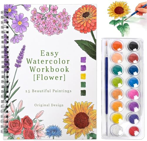 pobuu Watercolour Workbook,15 Flower Patterns of Original DIY Designs,16 Colors Watercolour Paint Set with Brush Palette,Beginner-Friendly Water Colour Workbooks,Water Colouring Book for Adults