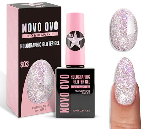 NOVO OVO Reflective Glitter Gel Nail Polish, S03 Orchid Aura (Crushed Diamond), TPO & HEMA Free, Sparkly Holographic Flash Varnish, Soak Off UV LED Manicure for DIY Nail Art & Salon 10ml