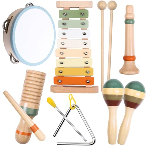 LYOKELC Instruments de Musique pour Enfants dès 3 Ans, 12 pièces en Bois | Xylophone, tambourin, 2 maracas, sifflet en bois, güiro et triangle, dans des couleurs neutres