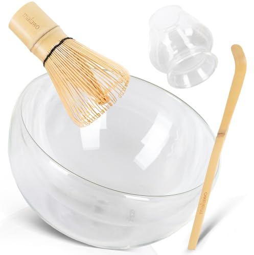 Malawo Premium Matcha Tee Set 4-teilig – Doppelwandige Glasschale 500 ml, Matcha Besen & Zubehör Set für traditionelle Matcha Zubereitung und Matcha Latte