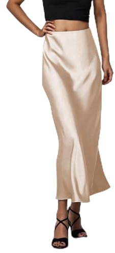 Falafoty Women's Satin Long Skirt, High Waist Silk Solid Color Skirts Long Formal A-Line Elegant Skirt Silky Flowy Skirt for Date Dinner Party Cocktail Daily