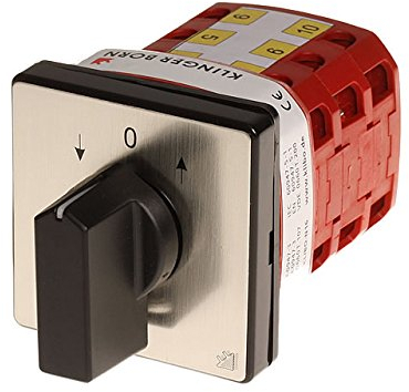 KlingerBorn KB-N16 | AUF/AB-Schalter | Wendeschalter | 16A, 3-polig, Schaltwinkel 30° | Blende 48x48mm, schwarz-silber | Knebel schwarz | 400V/7,5kW | AC-3 | Made in Germany