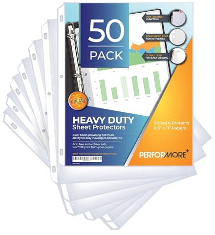 50 Sheet Protectors 8.5 x 11 for 3 Ring Binder, Heavy Duty, Clear Page Protectors, Polypropylene Plastic Sleeves for Paper, Top Loading, Acid Free, Reinforced Holes, Archival Safe - Performore