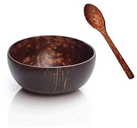 Coconut Bowl with Spoon Set - Breakfast Bowls with Japanese Style Wooden Spoons - Handmade Organic Coconut - for Serving Noodle, Pasta, Smoothie, Porridge, Cereal, Fruit Salad (A)