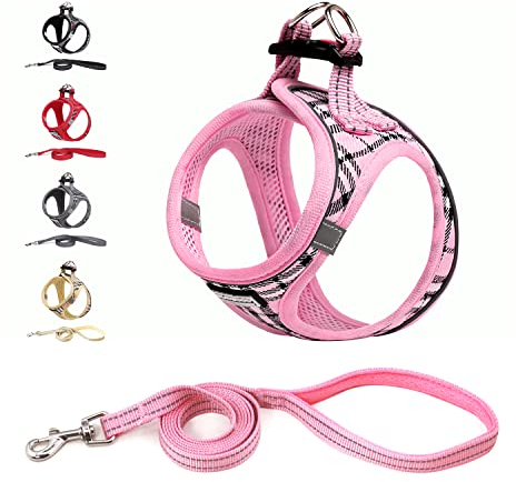 Suredoo Hundegeschirr Kleine Hunde mit Leine, Anti Zug Geschirr Reflektierend Atmungsaktiv Brustgeschirr, Welpengeschirr für Kleine Hunde (Rosa Kariert, XS, Brust: 25-28cm)