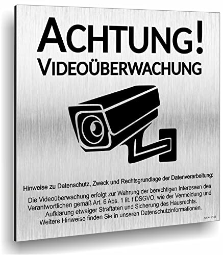 Achtung Videoüberwachung Schild DSGVO UV Druck 12 x 12cm - 3mm Aluverbund - Made in Germany - Art.Nr. 2143