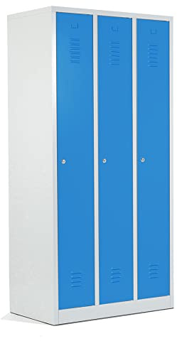 Schrank & Stuhl Spind – Metallspind mit 3 Abteilen in 180 x 90 x 50 cm, Schließfachschrank mit Hutboden & Zylinderschlössern, Lieferung komplett montiert, Grau/Lichtblau