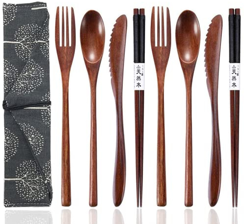 Reusable Wooden Utensils for Eating 8 Pcs Travel Wooden Spoons Forks Chopsticks Cutlery Set with Case Lunch Utensils Silverware Set for Lunch Portable Wood Flatware Set for Eating