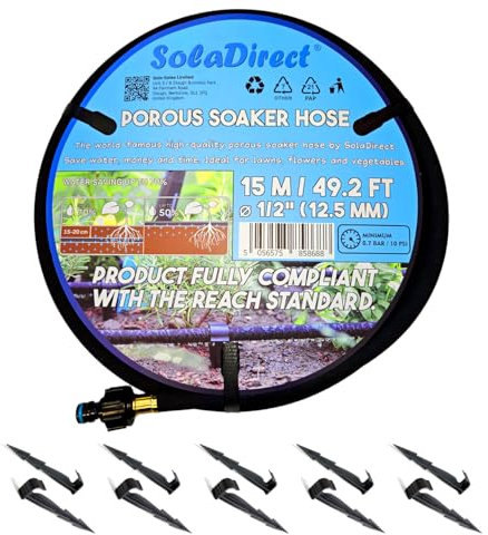 SolaDirect Soaker Hose, Porous Pipe, 15 m / 49.2 ft Long with Connectors, Reach Compliant, Water Saving up to 70%, Perfect for Lawns, Flowerbeds, Vegetable Gardens and Greenhouses + 10 Ground Pegs