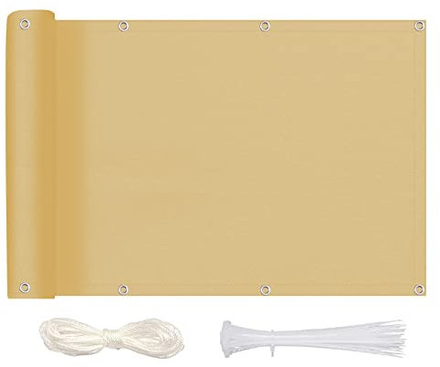 MEEYI Sichtschutz Balkon Sichtschutz 80x250cm, Balkonbespannung Blickdichte Wind- und UV-Schutz Wetterfest 100% Privatsphäre Balkonverkleidung mit Ösen, Nylon Kabelbinder und Kordel, Sandfarbe
