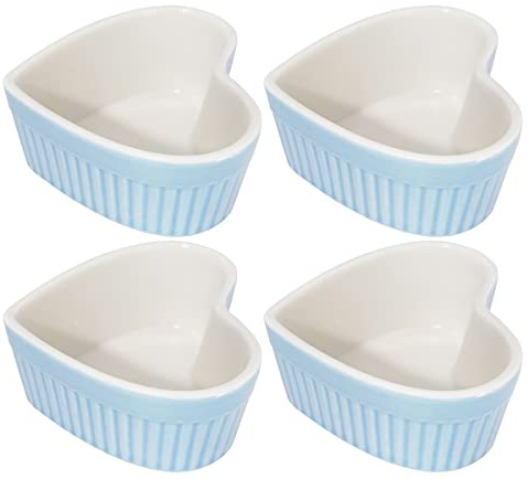 Sizikato Lot de 4 ramequins en porcelaine bleue en forme de cœur 9,1 cm pour souffle, crème brûlée et sauces à trempage