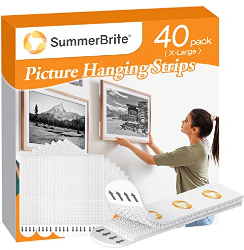 SummerBrite XL Picture Hanging Strips Heavy Duty, 40 Strips Damage Free Removal Picture Hangers for Wall, Sticky Hook & Loop Adhesive Strips for Poster/Picture/Home/Office, 20 Pairs/X-Large, White