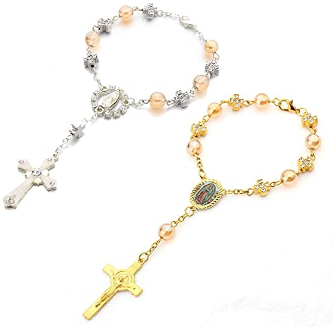 Silars Rosenkranz Katholisch, 2 Stück Rosenkranz Kette Autospiegel Anhänger für Rückspiegel, Kreuz Armband für Segen, Rückspiegel, Auto-Dekoration, Gastgeschenke Kommunion, Gold und Silber