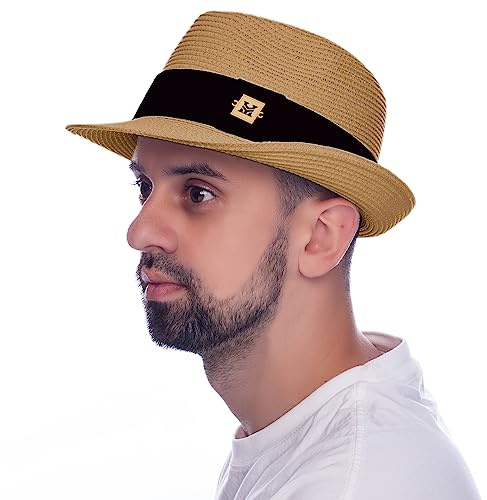 HEYANN Chapeau de Paille récolte Homme Chapeau de Paille Panama pour Homme et Femme en Trilby Fedora Panama avec Ruban en Tissu Roll Up Chapeau d'été (Kaki, L)