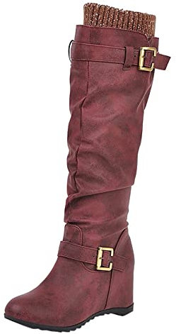 kosopse Für Dicke Waden Damen Damen Flachboden High Rise Mode Innenhöhe Herbst und Winter Gürtelschnalle British Slope Heel Lässige mittlere Stiefel Snowboard Schuhe Damen 40 (Red, 37)
