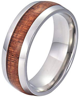 Bishilin Herren Ringe Edelstahl, Ring Personalisiert 8MM mit Braun Holz Bandring Größe 52 (16.6), Silber Ring Männer Nickelfrei Freundschaftsringe