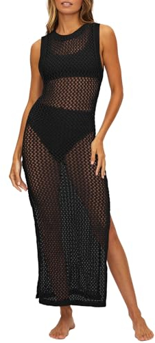 Viottiset Damen Lange Häkeln Badeanzug Cover Up Hollow Out Ärmellose Strandkleid Seite Split Strick Bikini Schwarz M