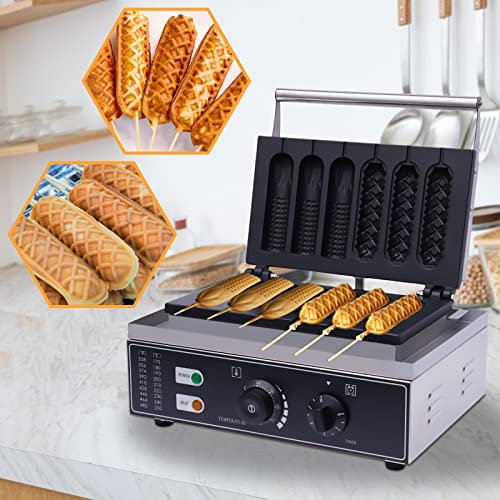 Mermajestic Gaufrier commercial 6 en 1 1500 W - Corps en acier inoxydable - Appareil à croque-monsieur - Température et temps réglables - Revêtement antiadhésif - Double plaque chauffante - Voyant
